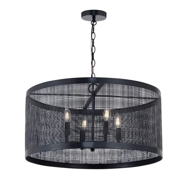 A crosshatching etched pattern on metal shades finished in Gold or Matte Black powder coated finishes. Available in multiple sizes of pendants and matching ADA compliant wall sconce.