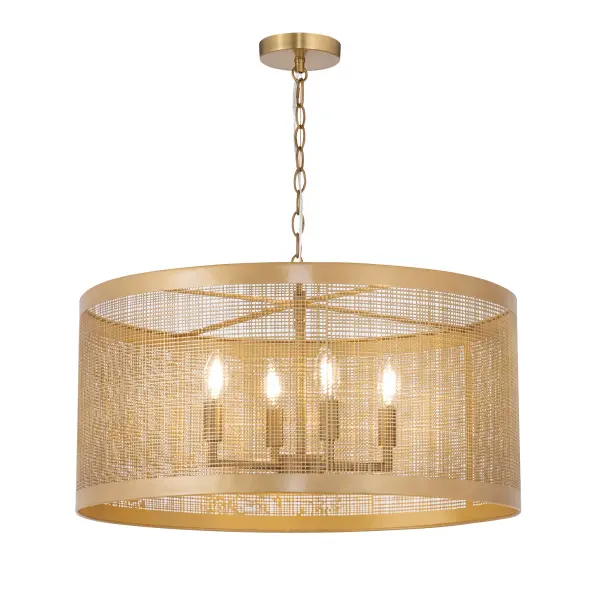 A crosshatching etched pattern on metal shades finished in Gold or Matte Black powder coated finishes. Available in multiple sizes of pendants and matching ADA compliant wall sconce. Collection: Hatcher Finish: Gold Width: 24.00" Height: 13.50" Length: 24.00" Weight: 13.22 lb Chain: 36" Wire: 120" Canopy: 5"x5"x1" Number of Bulbs: 4 Maximum Wattage: 60.00 W Bulb Type: B10 Bulb Base: E12 Candelabra Light Source: Incandescent Dimmable Voltage: 120.00 V Material: Steel Safety Listing: cULus Safety Rating: Damp Spec Sheet Instructions
