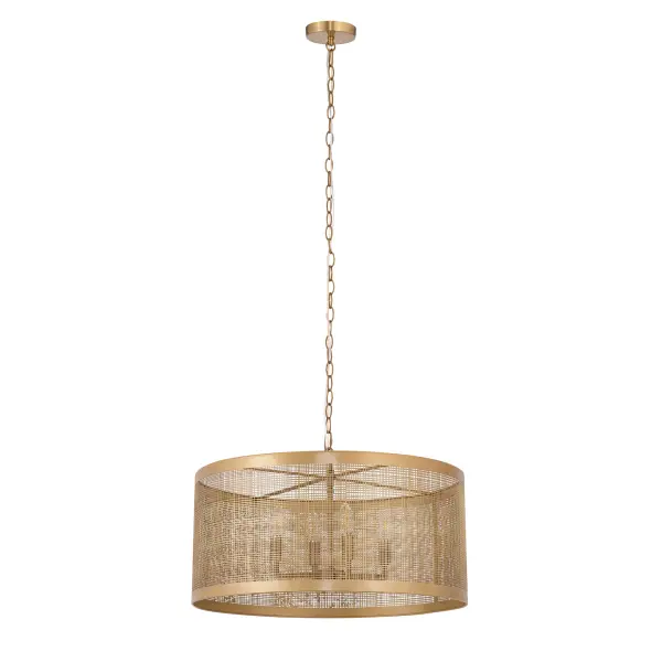 A crosshatching etched pattern on metal shades finished in Gold or Matte Black powder coated finishes. Available in multiple sizes of pendants and matching ADA compliant wall sconce. Collection: Hatcher Finish: Gold Width: 24.00" Height: 13.50" Length: 24.00" Weight: 13.22 lb Chain: 36" Wire: 120" Canopy: 5"x5"x1" Number of Bulbs: 4 Maximum Wattage: 60.00 W Bulb Type: B10 Bulb Base: E12 Candelabra Light Source: Incandescent Dimmable Voltage: 120.00 V Material: Steel Safety Listing: cULus Safety Rating: Damp Spec Sheet Instructions - alternate view