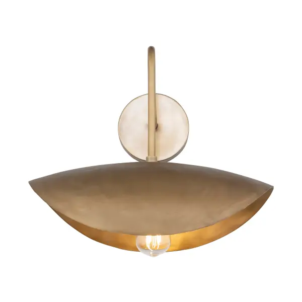 Large, cast metal shades evoke an ancient and timeless heritage. The light source is concealed within the shades casting a warm, ambient glow downward. Handcrafted and dramatically scaled, the rough texture is softened by its folding form in a multi-tonal Natural Gold finish. Select from various size pendants that coordinates well with the matching wall sconce. - alternate view