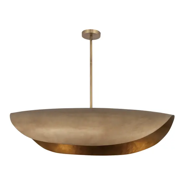 Large, cast metal shades evoke an ancient and timeless heritage. The light source is concealed within the shades casting a warm, ambient glow downward. Handcrafted and dramatically scaled, the rough texture is softened by its folding form in a multi-tonal Natural Gold finish. Select from various size pendants that coordinates well with the matching wall sconce.
