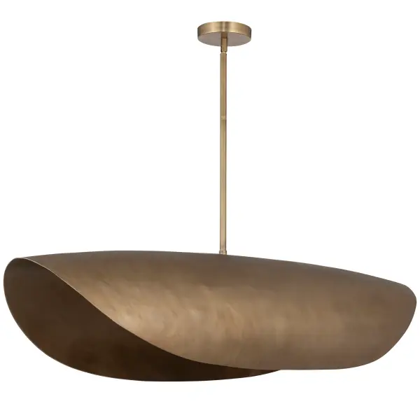 Large, cast metal shades evoke an ancient and timeless heritage. The light source is concealed within the shades casting a warm, ambient glow downward. Handcrafted and dramatically scaled, the rough texture is softened by its folding form in a multi-tonal Natural Gold finish. Select from various size pendants that coordinates well with the matching wall sconce. - alternate view
