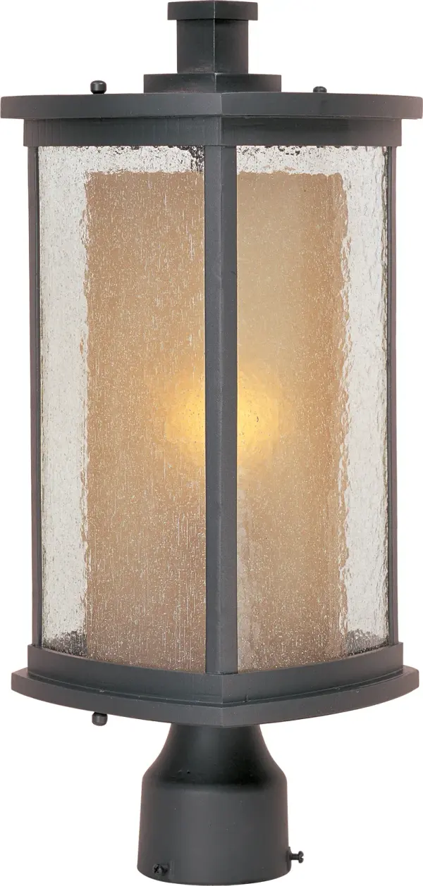 The craftsman inspired Bungalow outdoor cast aluminum collection is finished in Bronze. The exterior Seedy glass adds texture while the interior Wilshire glass adds warmth. Bungalow is also available with energy-efficient fluorescent light in the Bungalow EE collection.