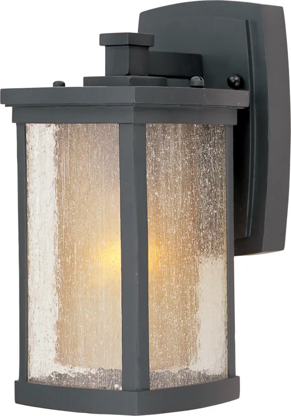 The craftsman inspired Bungalow outdoor cast aluminum collection is finished in Bronze. The exterior Seedy glass adds texture while the interior Wilshire glass adds warmth. Bungalow is also available with energy-efficient fluorescent light in the Bungalow EE collection.