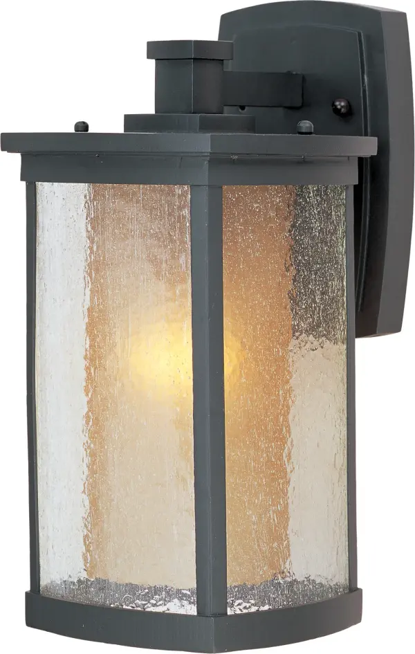 The craftsman inspired Bungalow outdoor cast aluminum collection is finished in Bronze. The exterior Seedy glass adds texture while the interior Wilshire glass adds warmth. Bungalow is also available with energy-efficient fluorescent light in the Bungalow EE collection.