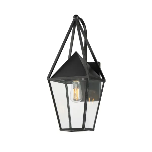 An exaggerated openwork framed steeple adds vertical qualities on a sharp-lined Matte Black lantern frame. Blending modern concepts with forms that evoke a whimsical imagery, this collection presents a transitional styling for outdoor spaces.