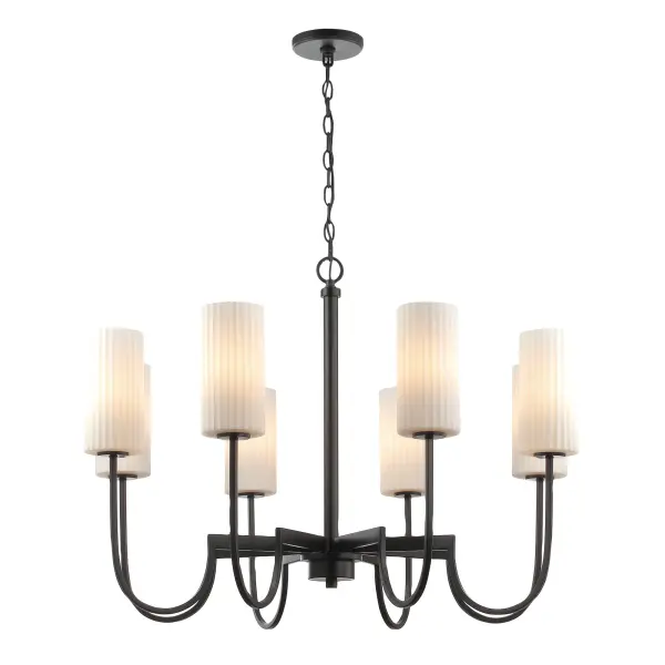 Whether in town or countryside, this collection of chandeliers simplifies the classic curved frame with a modern approach. Finished in your choice of Satin Brass or Matte Black, the sharply curved arms extend higher than classic proportions and support ribbed cylinders of opal white glass shades. These Satin White glasses upgrade pleated shades by form of their ribbed details. Available in two sizes of chandelier and a linear 4-light pendant, this collection finds its place at home in a variety of applications and fits in regardless of whether its town or country.