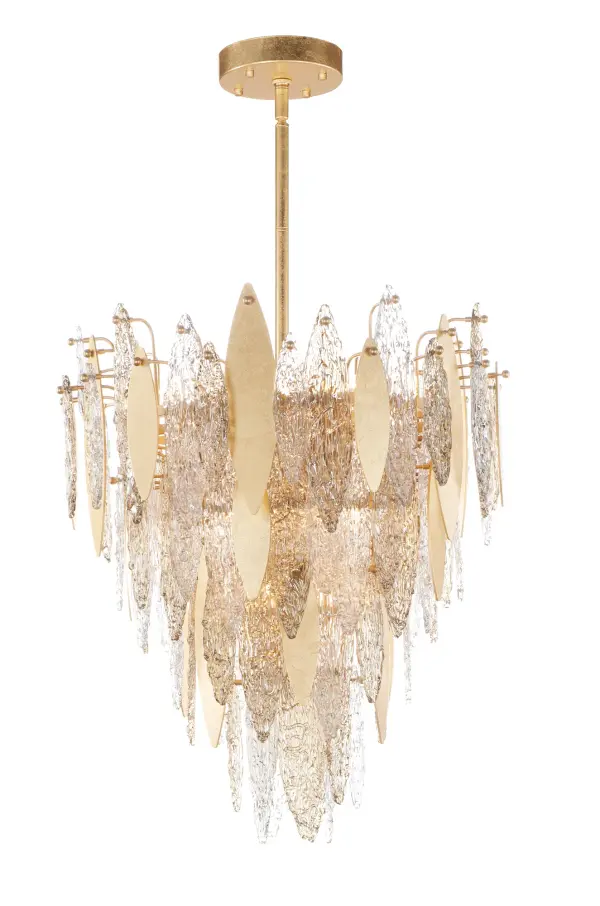 Hand-formed glass petals of Clear and Champagne-tint suspend from a tiered frame of gold and accented with petals of solid metal finished in Gold Leaf. Numerous candelabra sockets are strategically placed within the fixture to create glimmer and elegance to this majestic collection.
