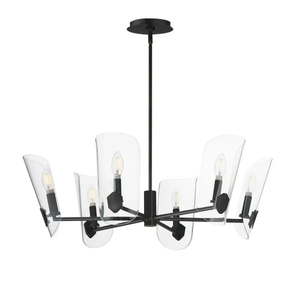 A Coat of Arms in curved Clear glass shades bevel cut and shaped to resemble traditional shields radiates off slender tubular arms. The streamlined design takes on a transitional approach with imaginative details that carries through to the concept for the wall sconce. Available 2 sizes of chandelier and a single light wall sconce in either Matte Black or Natural Aged Brass.
