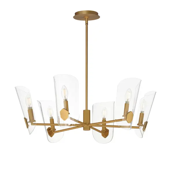 The Armory chandelier brings distinctive character with its beveled clear glass shades shaped like traditional shields. The streamlined tubular arms in Natural Aged Brass create a refined transitional aesthetic that works across design styles.