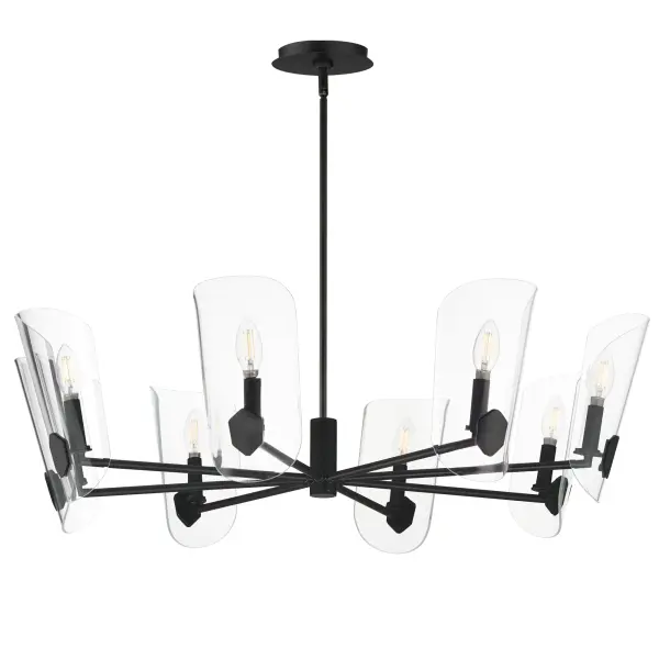 A Coat of Arms in curved Clear glass shades bevel cut and shaped to resemble traditional shields radiates off slender tubular arms. The streamlined design takes on a transitional approach with imaginative details that carries through to the concept for the wall sconce. Available 2 sizes of chandelier and a single light wall sconce in either Matte Black or Natural Aged Brass.