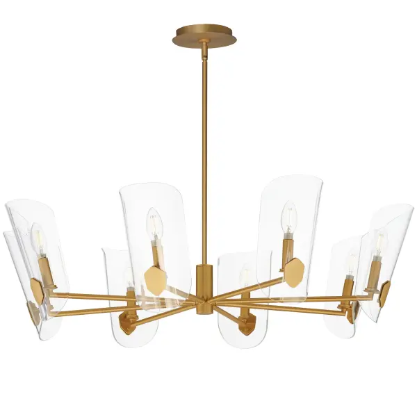 A Coat of Arms in curved Clear glass shades bevel cut and shaped to resemble traditional shields radiates off slender tubular arms. The streamlined design takes on a transitional approach with imaginative details that carries through to the concept for the wall sconce. Available 2 sizes of chandelier and a single light wall sconce in either Matte Black or Natural Aged Brass. Collection: Armory Finish: Natural Aged Brass Glass: Clear Width: 35.75" Height: 10.25" Length: 35.75" Weight: 14.52 lb Wire: 118" Canopy: 6"x6"x0.75" Number of Bulbs: 8 Maximum Wattage: 60.00 W Bulb Type: Candelabra Bulb Base: E12 Candelabra Light Source: Incandescent Dimmable Voltage: 120.00 V Material: Steel, Glass Safety Listing: cETLus Safety Rating: Dry Spec Sheet