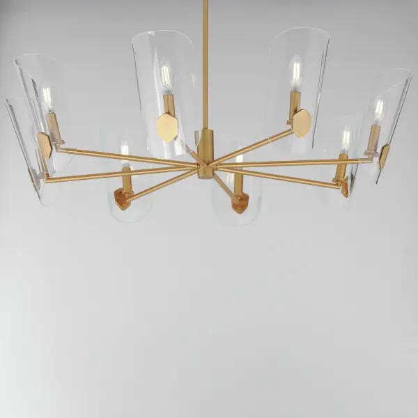 A Coat of Arms in curved Clear glass shades bevel cut and shaped to resemble traditional shields radiates off slender tubular arms. The streamlined design takes on a transitional approach with imaginative details that carries through to the concept for the wall sconce. Available 2 sizes of chandelier and a single light wall sconce in either Matte Black or Natural Aged Brass. Collection: Armory Finish: Natural Aged Brass Glass: Clear Width: 35.75" Height: 10.25" Length: 35.75" Weight: 14.52 lb Wire: 118" Canopy: 6"x6"x0.75" Number of Bulbs: 8 Maximum Wattage: 60.00 W Bulb Type: Candelabra Bulb Base: E12 Candelabra Light Source: Incandescent Dimmable Voltage: 120.00 V Material: Steel, Glass Safety Listing: cETLus Safety Rating: Dry Spec Sheet - alternate view