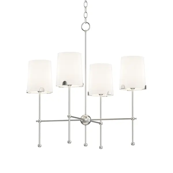 Satin White shades taper in a classic fabric shade shape and rest on elegantly thin frames of Satin Brass or Satin Nickel. They are supported secured by a mostly concealed structure with coordinating semicircular tabs that complement the spherical joints of the frame. The modern design details and updated shade materials refresh the outlook of a timeless chandelier though its use of thoughtful features.