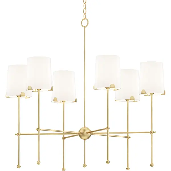 Satin White shades taper in a classic fabric shade shape and rest on elegantly thin frames of Satin Brass or Satin Nickel. They are supported secured by a mostly concealed structure with coordinating semicircular tabs that complement the spherical joints of the frame. The modern design details and updated shade materials refresh the outlook of a timeless chandelier though its use of thoughtful features.
