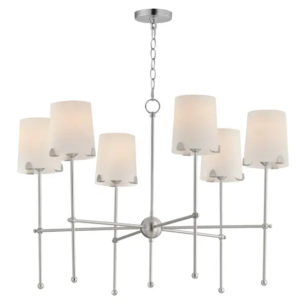 Satin White shades taper in a classic fabric shade shape and rest on elegantly thin frames of Satin Brass or Satin Nickel. They are supported secured by a mostly concealed structure with coordinating semicircular tabs that complement the spherical joints of the frame. The modern design details and updated shade materials refresh the outlook of a timeless chandelier though its use of thoughtful features. Collection: Huntington Finish: Satin Nickel Glass: White Width: 34.00" Height: 32.00" Length: 34.00" Weight: 10.30 lb Chain: 36" Wire: 120" Canopy: 4.75"x4.75"x0.75" Number of Bulbs: 6 Maximum Wattage: 60.00 W Bulb Type: A20 Bulb Base: E26 Medium Light Source: Incandescent Dimmable Voltage: 120.00 V Material: Steel, Glass Safety Listing: cETLus Safety Rating: Dry Spec Sheet Instructions