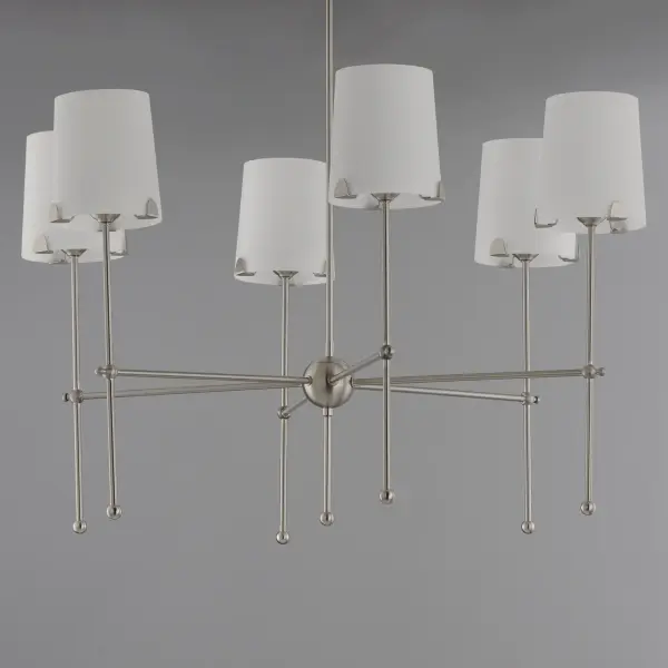Satin White shades taper in a classic fabric shade shape and rest on elegantly thin frames of Satin Brass or Satin Nickel. They are supported secured by a mostly concealed structure with coordinating semicircular tabs that complement the spherical joints of the frame. The modern design details and updated shade materials refresh the outlook of a timeless chandelier though its use of thoughtful features. Collection: Huntington Finish: Satin Nickel Glass: White Width: 34.00" Height: 32.00" Length: 34.00" Weight: 10.30 lb Chain: 36" Wire: 120" Canopy: 4.75"x4.75"x0.75" Number of Bulbs: 6 Maximum Wattage: 60.00 W Bulb Type: A20 Bulb Base: E26 Medium Light Source: Incandescent Dimmable Voltage: 120.00 V Material: Steel, Glass Safety Listing: cETLus Safety Rating: Dry Spec Sheet Instructions - alternate view