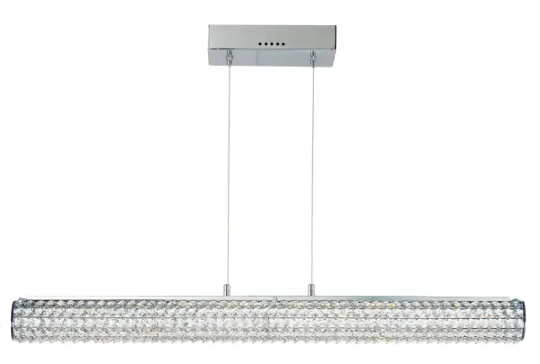 Clear Beveled Crystals are strung onto a continuous wire and wrapped over a tubular metal frame finished in your choice of a high luster Polished Chrome or vibrant Rose Gold. Hidden within the tubular frame is a LED light source, which not only adds beauty and sparkle to the crystal, but adds ample light for the vanity.