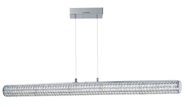 Clear Beveled Crystals are strung onto a continuous wire and wrapped over a tubular metal frame finished in your choice of a high luster Polished Chrome or vibrant Rose Gold. Hidden within the tubular frame is a LED light source, which not only adds beauty and sparkle to the crystal, but adds ample light for the vanity.