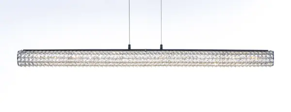 Clear Beveled Crystals are strung onto a continuous wire and wrapped over a tubular metal frame finished in your choice of a high luster Polished Chrome or vibrant Rose Gold. Hidden within the tubular frame is a LED light source, which not only adds beauty and sparkle to the crystal, but adds ample light for the vanity. - alternate view