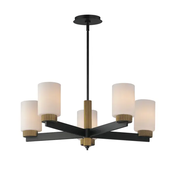 Featuring ridged collars of Antique Brass on a matte Black frame, the design of this series of chandeliers, pendants, semi-flush mounts and sconce lighting offers a transitional and stately companion to fixtures in coordinating finishes. The lighting is diffused through a rounded cylinder of Satin White glass that softly spreads illumination.