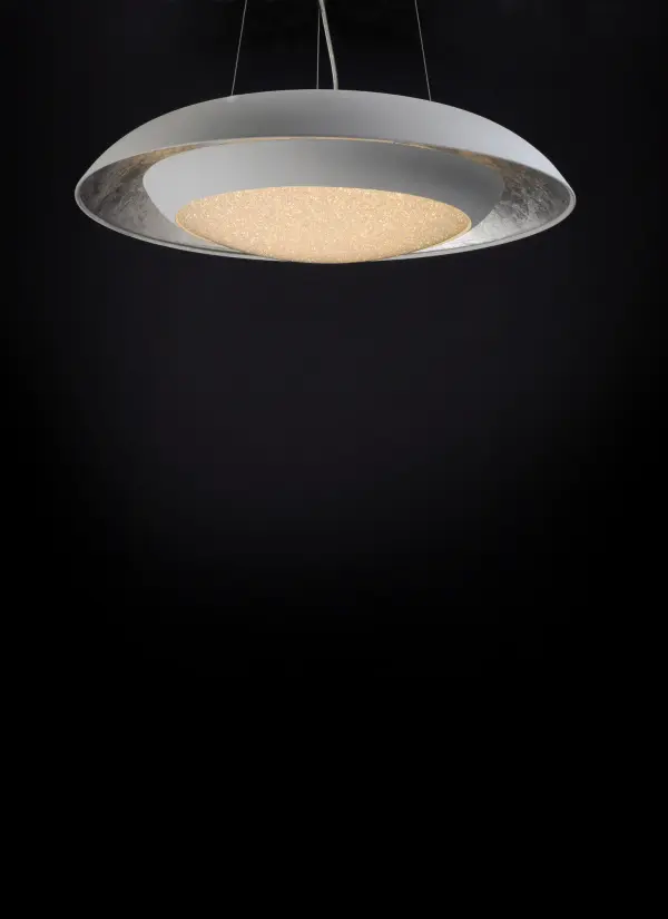 Domes of metal house a circular light engine housing with a Crystaline diffuser. A dramatic lighting effect is created with in-direct light highlighting the foil lining while direct light shines through the sparkling center. Available in your choice of White with Silver Foil or Black with Gold Foil. - alternate view