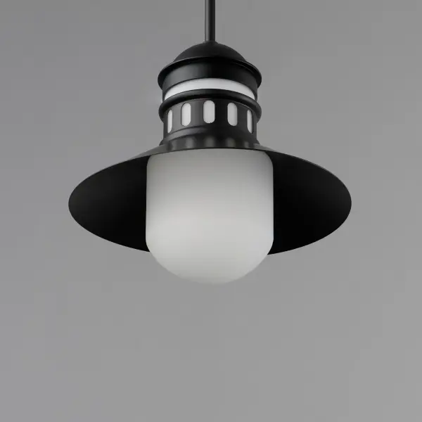 Coastally inspired, the wide brimmed aluminum spun shade on this series of outdoor rated sconces, pendants, and flush mounts features a tiered shade design. The ringed separation features a filigree of oval cut outs, whereby a single lamp illuminates the Satin White glass supporting it. The resulting light is dispersed both above and below the spun shade as well as through the patterned filigree. Both modern and classic homes can appreciate this classic design reimagined. The series is available either in Matte Black or a striking Two-Tone Black with Antique Brass. - alternate view