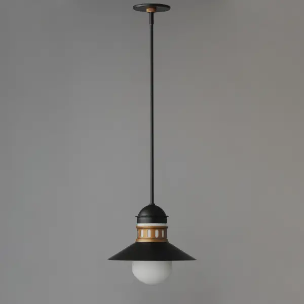 Coastally inspired, the wide brimmed aluminum spun shade on this series of outdoor rated sconces, pendants, and flush mounts features a tiered shade design. The ringed separation features a filigree of oval cut outs, whereby a single lamp illuminates the Satin White glass supporting it. The resulting light is dispersed both above and below the spun shade as well as through the patterned filigree. Both modern and classic homes can appreciate this classic design reimagined. The series is available either in Matte Black or a striking Two-Tone Black with Antique Brass. Collection: Admiralty Finish: Black / Antique Brass Glass: Satin White Width: 12.00" Height: 11.75" Length: 12.00" Weight: 4.34 lb Wire: 120" Canopy: 5"x5"x0.25" Number of Bulbs: 1 Maximum Wattage: 60.00 W Bulb Type: A19 Bulb Base: E26 Medium Light Source: LED Dimmable Voltage: 120.00 V Material: Aluminum, Glass Safety Listing: cETLus Safety Rating: Wet LED Spec Sheet Instructions - alternate view