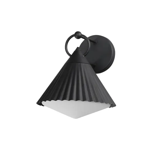 Adding charm to the outdoors, the Odette series features a scalloped pyramid shade suspended from a ring of Die Cast Aluminum. Supported within the shade is an inverse pyramid that peaks out beneath the hem of the aluminum shade marrying the two pyramid forms. Graceful and playful, these outdoor sconces add the designer touch to both indoor and outdoor locations.