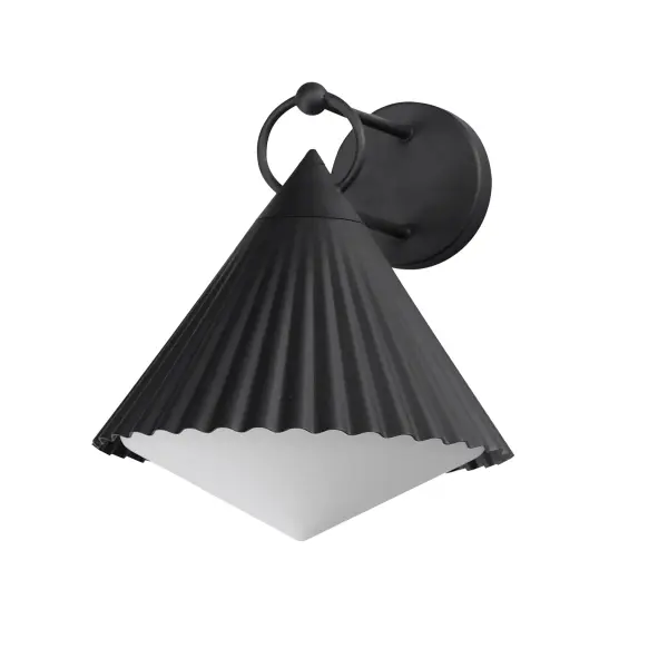 Adding charm to the outdoors, the Odette series features a scalloped pyramid shade suspended from a ring of Die Cast Aluminum. Supported within the shade is an inverse pyramid that peaks out beneath the hem of the aluminum shade marrying the two pyramid forms. Graceful and playful, these outdoor sconces add the designer touch to both indoor and outdoor locations.