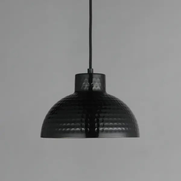 Hammered metal dome shades are painted in glossy enamel paints that welcomes a nautical look. Available in Sage Green with a glossy white interior or Glossy Black with an Antique Copper interior, these pendants embody a nostalgic element that prevails along coastline bungalows and cottages Black Rayon fabric cord adds designer details to the overall construction. Available in ten inch and twelve-inch diameters. - alternate view