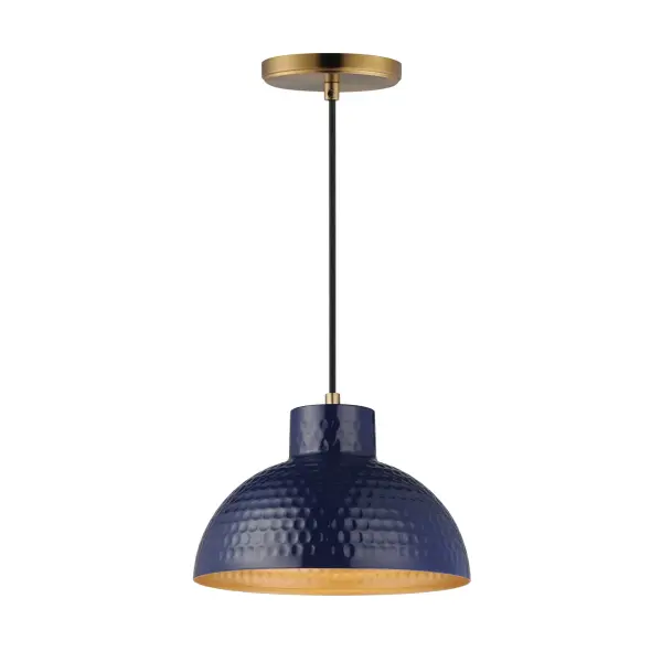 Hammered metal dome shades are painted in glossy enamel paints that welcomes a nautical look. Available in Sage Green with a glossy white interior or Glossy Black with an Antique Copper interior, these pendants embody a nostalgic element that prevails along coastline bungalows and cottages Black Rayon fabric cord adds designer details to the overall construction. Available in ten inch and twelve-inch diameters. Collection: Rockport Finish: Glossy Navy / Natural Aged Brass Width: 10.00" Height: 7.25" Length: 10.00" Weight: 2.20 lb Wire: 120" Canopy: 5"x5"x0.75" Number of Bulbs: 1 Maximum Wattage: 60.00 W Bulb Type: A19 Bulb Base: E26 Medium Light Source: Incandescent Voltage: 120.00 V Material: Steel Safety Listing: cULus Safety Rating: Dry Manufacturer Warranty: 3 Spec Sheet Instructions