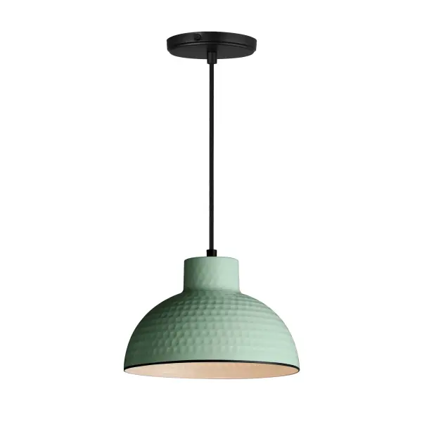 Hammered metal dome shades are painted in glossy enamel paints that welcomes a nautical look. Available in Sage Green with a glossy white interior or Glossy Black with an Antique Copper interior, these pendants embody a nostalgic element that prevails along coastline bungalows and cottages Black Rayon fabric cord adds designer details to the overall construction. Available in ten inch and twelve-inch diameters. Collection: Rockport Finish: Sage Green Width: 10.00" Height: 7.25" Length: 10.00" Weight: 2.20 lb Wire: 120" Canopy: 5"x5"x0.75" Number of Bulbs: 1 Maximum Wattage: 60.00 W Bulb Type: E26 Bulb Base: E26 Medium Light Source: Incandescent Dimmable Voltage: 120.00 V Material: Steel Safety Listing: cULus Safety Rating: Dry Spec Sheet Instructions