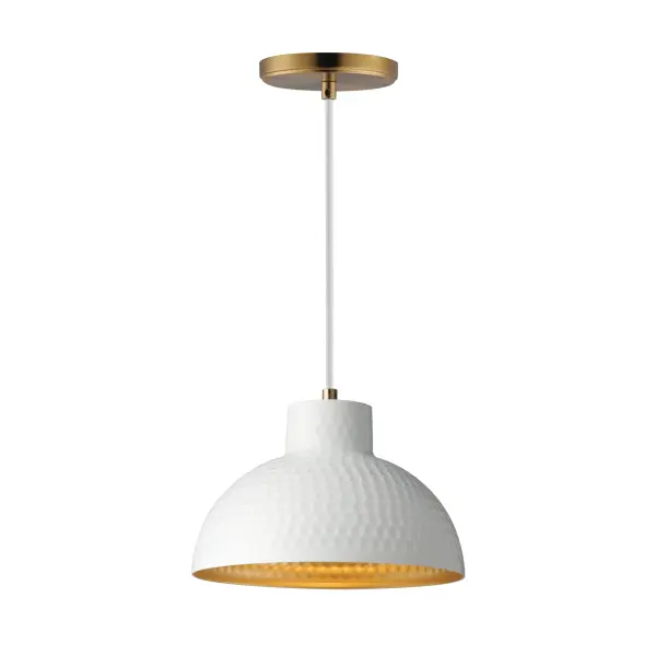 Hammered metal dome shades are painted in glossy enamel paints that welcomes a nautical look. Available in Sage Green with a glossy white interior or Glossy Black with an Antique Copper interior, these pendants embody a nostalgic element that prevails along coastline bungalows and cottages Black Rayon fabric cord adds designer details to the overall construction. Available in ten inch and twelve-inch diameters. Collection: Rockport Finish: White/Natural Aged Brass Width: 10.00" Height: 7.25" Length: 10.00" Weight: 2.20 lb Wire: 120" Canopy: 5"x5"x0.75" Number of Bulbs: 1 Maximum Wattage: 60.00 W Bulb Type: A19 Bulb Base: E26 Medium Light Source: Incandescent Voltage: 120.00 V Material: Steel Safety Listing: cULus Safety Rating: Dry Manufacturer Warranty: 3 Spec Sheet Instructions