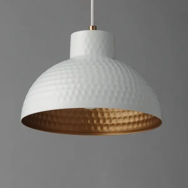 Hammered metal dome shades are painted in glossy enamel paints that welcomes a nautical look. Available in Sage Green with a glossy white interior or Glossy Black with an Antique Copper interior, these pendants embody a nostalgic element that prevails along coastline bungalows and cottages Black Rayon fabric cord adds designer details to the overall construction. Available in ten inch and twelve-inch diameters. Collection: Rockport Finish: White/Natural Aged Brass Width: 10.00" Height: 7.25" Length: 10.00" Weight: 2.20 lb Wire: 120" Canopy: 5"x5"x0.75" Number of Bulbs: 1 Maximum Wattage: 60.00 W Bulb Type: A19 Bulb Base: E26 Medium Light Source: Incandescent Voltage: 120.00 V Material: Steel Safety Listing: cULus Safety Rating: Dry Manufacturer Warranty: 3 Spec Sheet Instructions - alternate view