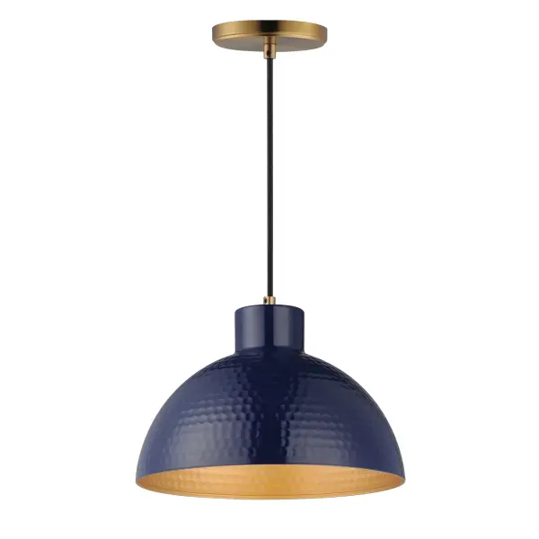 Hammered metal dome shades are painted in glossy enamel paints that welcomes a nautical look. Available in Sage Green with a glossy white interior or Glossy Black with an Antique Copper interior, these pendants embody a nostalgic element that prevails along coastline bungalows and cottages Black Rayon fabric cord adds designer details to the overall construction. Available in ten inch and twelve-inch diameters. Collection: Rockport Finish: Glossy Navy / Natural Aged Brass Width: 12.00" Height: 8.50" Length: 12.00" Weight: 2.86 lb Wire: 120" Canopy: 5"x5"x0.75" Number of Bulbs: 1 Maximum Wattage: 60.00 W Bulb Type: A19 Bulb Base: E26 Medium Light Source: Incandescent Voltage: 120.00 V Material: Steel Safety Listing: cULus Safety Rating: Dry Manufacturer Warranty: 3 Spec Sheet Instructions