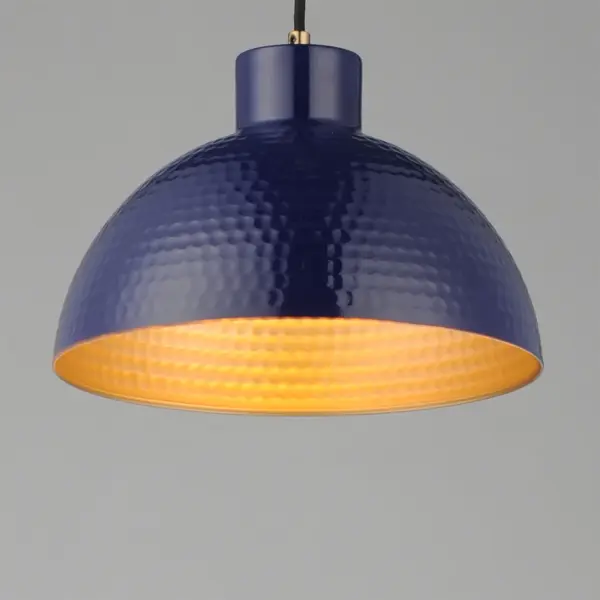 Hammered metal dome shades are painted in glossy enamel paints that welcomes a nautical look. Available in Sage Green with a glossy white interior or Glossy Black with an Antique Copper interior, these pendants embody a nostalgic element that prevails along coastline bungalows and cottages Black Rayon fabric cord adds designer details to the overall construction. Available in ten inch and twelve-inch diameters. Collection: Rockport Finish: Glossy Navy / Natural Aged Brass Width: 12.00" Height: 8.50" Length: 12.00" Weight: 2.86 lb Wire: 120" Canopy: 5"x5"x0.75" Number of Bulbs: 1 Maximum Wattage: 60.00 W Bulb Type: A19 Bulb Base: E26 Medium Light Source: Incandescent Voltage: 120.00 V Material: Steel Safety Listing: cULus Safety Rating: Dry Manufacturer Warranty: 3 Spec Sheet Instructions - alternate view