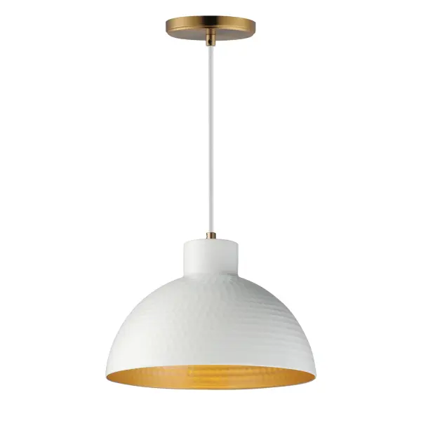 Hammered metal dome shades are painted in glossy enamel paints that welcomes a nautical look. Available in Sage Green with a glossy white interior or Glossy Black with an Antique Copper interior, these pendants embody a nostalgic element that prevails along coastline bungalows and cottages Black Rayon fabric cord adds designer details to the overall construction. Available in ten inch and twelve-inch diameters. Collection: Rockport Finish: White/Natural Aged Brass Width: 12.00" Height: 8.50" Length: 12.00" Weight: 2.86 lb Wire: 120" Canopy: 5"x5"x0.75" Number of Bulbs: 1 Maximum Wattage: 60.00 W Bulb Type: A19 Bulb Base: E26 Medium Light Source: Incandescent Voltage: 120.00 V Material: Steel Safety Listing: cULus Safety Rating: Dry Manufacturer Warranty: 3 Spec Sheet Instructions