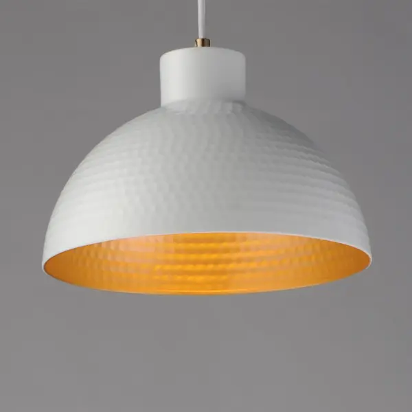Hammered metal dome shades are painted in glossy enamel paints that welcomes a nautical look. Available in Sage Green with a glossy white interior or Glossy Black with an Antique Copper interior, these pendants embody a nostalgic element that prevails along coastline bungalows and cottages Black Rayon fabric cord adds designer details to the overall construction. Available in ten inch and twelve-inch diameters. Collection: Rockport Finish: White/Natural Aged Brass Width: 12.00" Height: 8.50" Length: 12.00" Weight: 2.86 lb Wire: 120" Canopy: 5"x5"x0.75" Number of Bulbs: 1 Maximum Wattage: 60.00 W Bulb Type: A19 Bulb Base: E26 Medium Light Source: Incandescent Voltage: 120.00 V Material: Steel Safety Listing: cULus Safety Rating: Dry Manufacturer Warranty: 3 Spec Sheet Instructions - alternate view