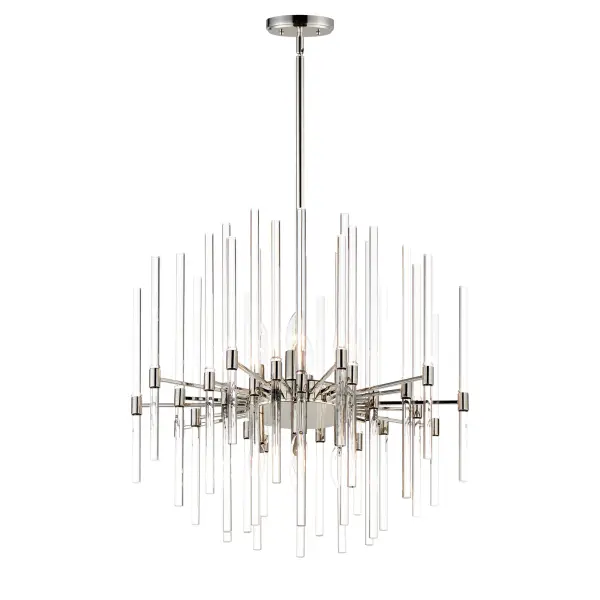 The composition of Clear glass rods are elegantly supported by thin radial arms of staggered lengths to create an iridescent motif that is truly Divine. Finished in Polished Nickel or Heritage Brass, the simplicity of this design delivers a crisp lighting fixture that works in a multitude of interior aesthetics from contemporary to traditional. Available in pendant, chandelier, and wall sconce configurations. Collection: Divine Finish: Polished Nickel Glass: Clear Width: 23.50" Height: 21.75" Length: 23.50" Weight: 19.14 lb Wire: 120" Canopy: 5"x5"x0.75" Number of Bulbs: 8 Maximum Wattage: 60.00 W Bulb Type: B10 Bulb Base: E12 Candelabra Light Source: Incandescent Voltage: 120.00 V Material: Steel, Glass Safety Listing: cULus Safety Rating: Dry Manufacturer Warranty: 1 Spec Sheet Instructions Parts Diagram