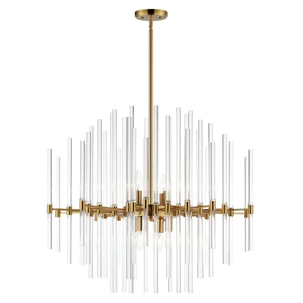 The composition of Clear glass rods are elegantly supported by thin radial arms of staggered lengths to create an iridescent motif that is truly Divine. Finished in Polished Nickel or Heritage Brass, the simplicity of this design delivers a crisp lighting fixture that works in a multitude of interior aesthetics from contemporary to traditional. Available in pendant, chandelier, and wall sconce configurations.