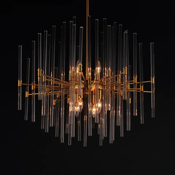 The composition of Clear glass rods are elegantly supported by thin radial arms of staggered lengths to create an iridescent motif that is truly Divine. Finished in Polished Nickel or Heritage Brass, the simplicity of this design delivers a crisp lighting fixture that works in a multitude of interior aesthetics from contemporary to traditional. Available in pendant, chandelier, and wall sconce configurations. - alternate view