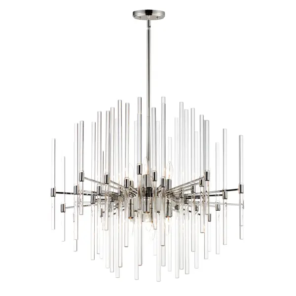 The composition of Clear glass rods are elegantly supported by thin radial arms of staggered lengths to create an iridescent motif that is truly Divine. Finished in Polished Nickel or Heritage Brass, the simplicity of this design delivers a crisp lighting fixture that works in a multitude of interior aesthetics from contemporary to traditional. Available in pendant, chandelier, and wall sconce configurations. Collection: Divine Finish: Polished Nickel Glass: Clear Width: 28.50" Height: 25.50" Length: 28.50" Weight: 26.40 lb Wire: 120" Canopy: 5"x5"x0.75" Number of Bulbs: 8 Maximum Wattage: 60.00 W Bulb Type: B10 Bulb Base: E12 Candelabra Light Source: Incandescent Dimmable Voltage: 120.00 V Material: Steel, Glass Safety Listing: cETLus Safety Rating: Dry Manufacturer Warranty: 1 Spec Sheet Instructions Parts Diagram
