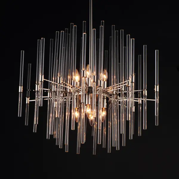 The composition of Clear glass rods are elegantly supported by thin radial arms of staggered lengths to create an iridescent motif that is truly Divine. Finished in Polished Nickel or Heritage Brass, the simplicity of this design delivers a crisp lighting fixture that works in a multitude of interior aesthetics from contemporary to traditional. Available in pendant, chandelier, and wall sconce configurations. Collection: Divine Finish: Polished Nickel Glass: Clear Width: 28.50" Height: 25.50" Length: 28.50" Weight: 26.40 lb Wire: 120" Canopy: 5"x5"x0.75" Number of Bulbs: 8 Maximum Wattage: 60.00 W Bulb Type: B10 Bulb Base: E12 Candelabra Light Source: Incandescent Dimmable Voltage: 120.00 V Material: Steel, Glass Safety Listing: cETLus Safety Rating: Dry Manufacturer Warranty: 1 Spec Sheet Instructions Parts Diagram - alternate view