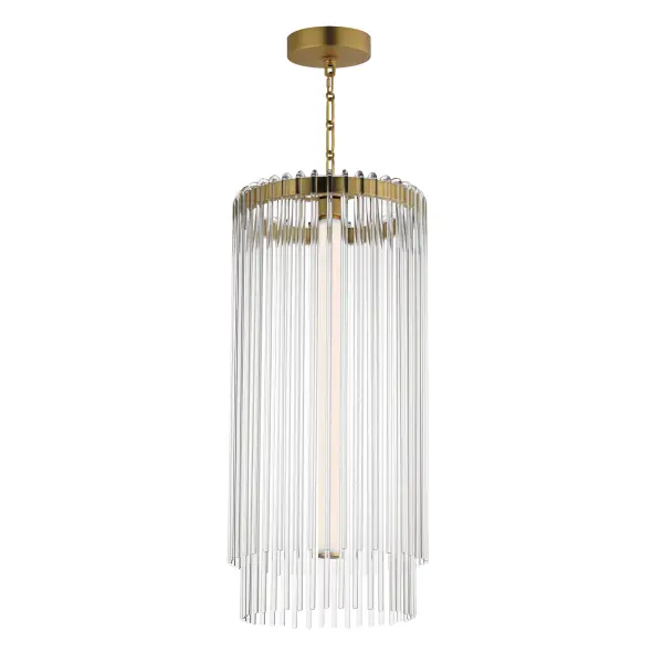Clear glass rods elegantly curve to drape over a metal frame, encasing an integrated LED light source within. These ornamental glass rods form a luminous curtain, softly illuminated by the LEDs. The LED light source features an adjustable color temperature, allowing you to effortlessly switch between warm 2700K, neutral 3200K, and cool 4000K settings to suit any ambiance. Suspended by intricately designed chain links, the jewel-like glass skirt adds a touch of sophistication and refinement. Choose from two stunning frame finishes: Natural Aged Brass or Polished Nickel.