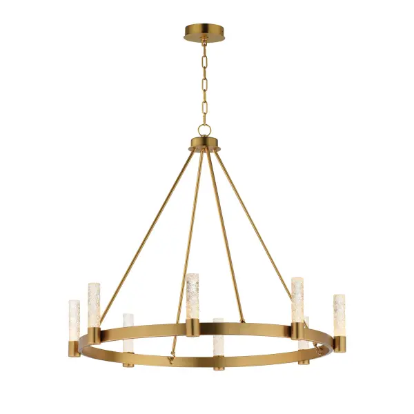 The Duchess collection seamlessly blends traditional brass craftsmanship with modern piastra-style Iceberg glass, illuminated by integrated LED modules. Powered by a commercially rated LED driver with 120-277V input, the low-voltage LEDs deliver a neutral 3000K color temperature. The rectangular tubing frame in Natural Aged Brass softens the contemporary aesthetic, while decorative flat-edge chain links add a touch of elegance. A dual-mount canopy offers flexibility for shorter height profiles or field-adjustable lengths with the included chain.