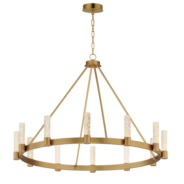 The Duchess collection seamlessly blends traditional brass craftsmanship with modern piastra-style Iceberg glass, illuminated by integrated LED modules. Powered by a commercially rated LED driver with 120-277V input, the low-voltage LEDs deliver a neutral 3000K color temperature. The rectangular tubing frame in Natural Aged Brass softens the contemporary aesthetic, while decorative flat-edge chain links add a touch of elegance. A dual-mount canopy offers flexibility for shorter height profiles or field-adjustable lengths with the included chain.