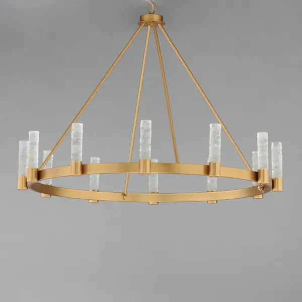 The Duchess collection seamlessly blends traditional brass craftsmanship with modern piastra-style Iceberg glass, illuminated by integrated LED modules. Powered by a commercially rated LED driver with 120-277V input, the low-voltage LEDs deliver a neutral 3000K color temperature. The rectangular tubing frame in Natural Aged Brass softens the contemporary aesthetic, while decorative flat-edge chain links add a touch of elegance. A dual-mount canopy offers flexibility for shorter height profiles or field-adjustable lengths with the included chain. - alternate view