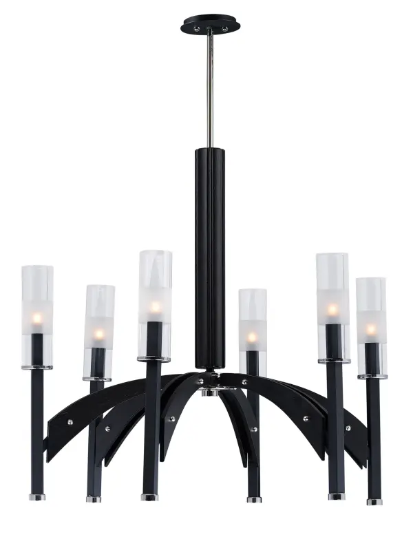A modern classic created using mixed medium in complimentary finishes that come together to compose a beautiful art form. Available in your choice of Wenge wood with Black and Polished Nickel accents or Antique Pecan wood with Bronze and Satin Brass. Tall Clear glass cylinders with a frosted band complement the scale of the design.