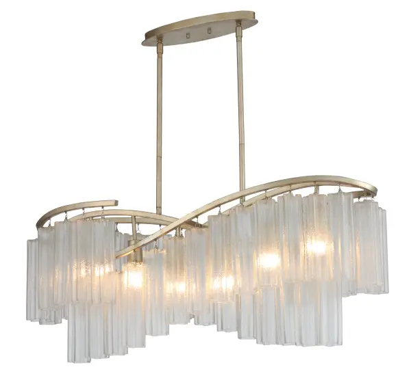 Cascading Waterfall glass shades are suspended from a frame finished in our popular Golden Silver. This elegant collection spans design genres from contemporary to traditional which gives it universal appeal.